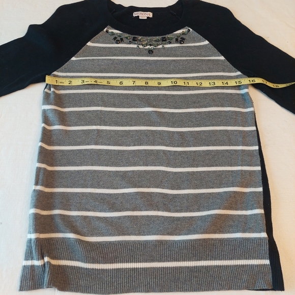 Merona Black Grey White Striped Raglan Sleeve Beaded Crewneck Sweater Size XS - Picture 7 of 10